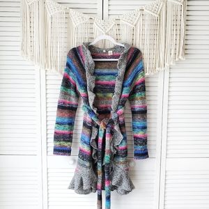ANTHRO MOTH Rainbow Striped Knit Ruffle Cardigan M